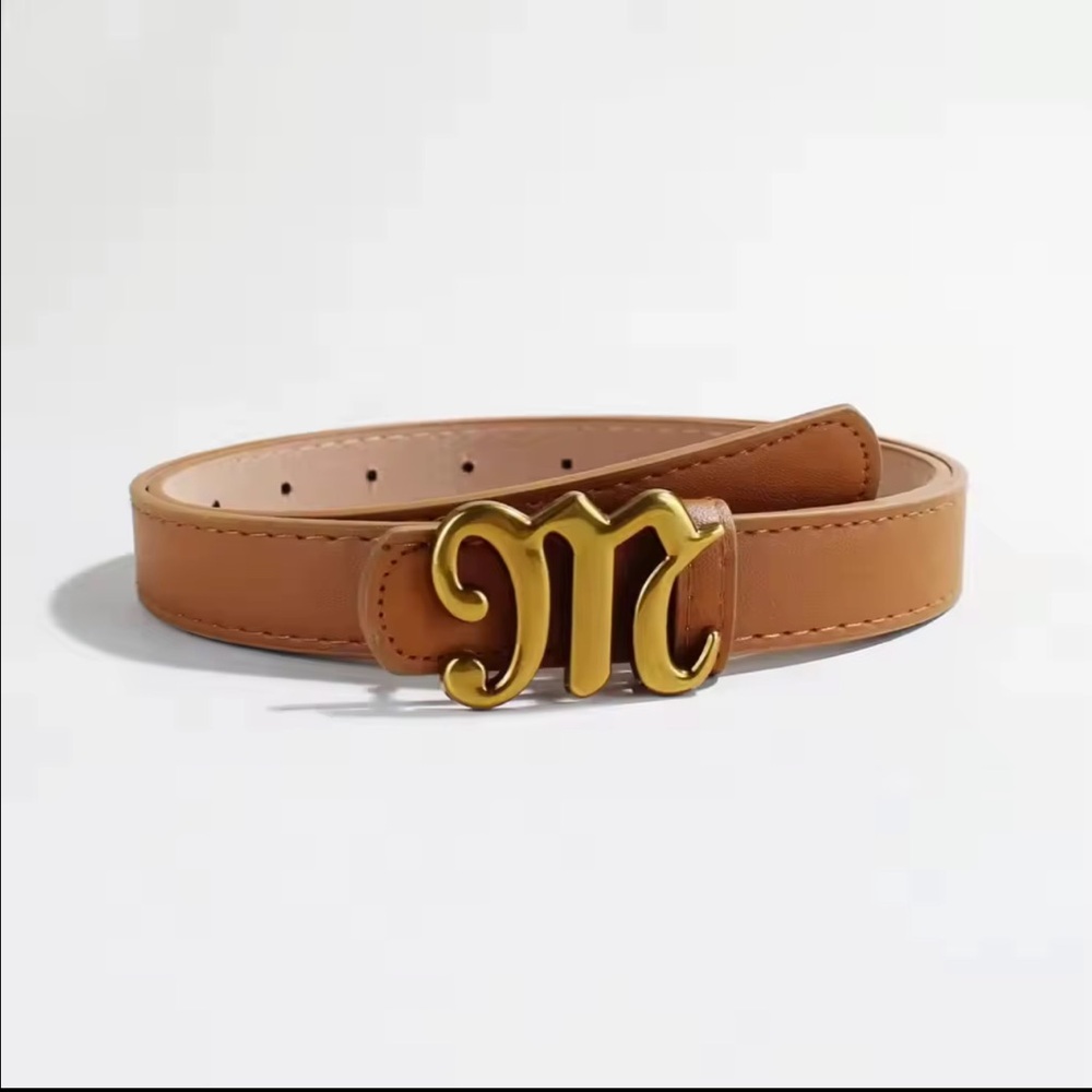 50. Vintage Brown Vegan Leather Belt with Gold Buckle